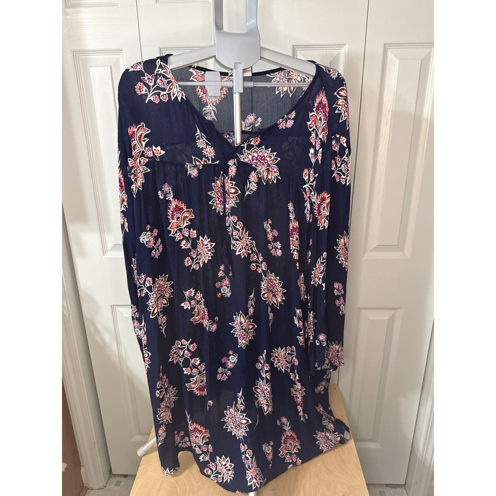 Old Navy Navy Blue Floral Paisley Tassel Shift Dress XXL Long Sleeve Rayon